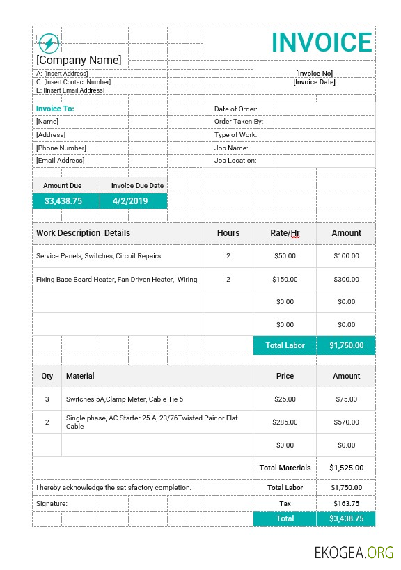 Modèle de facture de bon de travail électrique